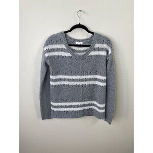 Sun & Shadow Womens Gray Striped Open Knit Pullover Sweater Medium V-Neck Casual